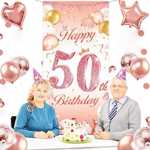 DPKOW Rose Gold 50th Birthday Banner - Backdrop, Wall & Garden Decoration, 185 x 90cm Fabric