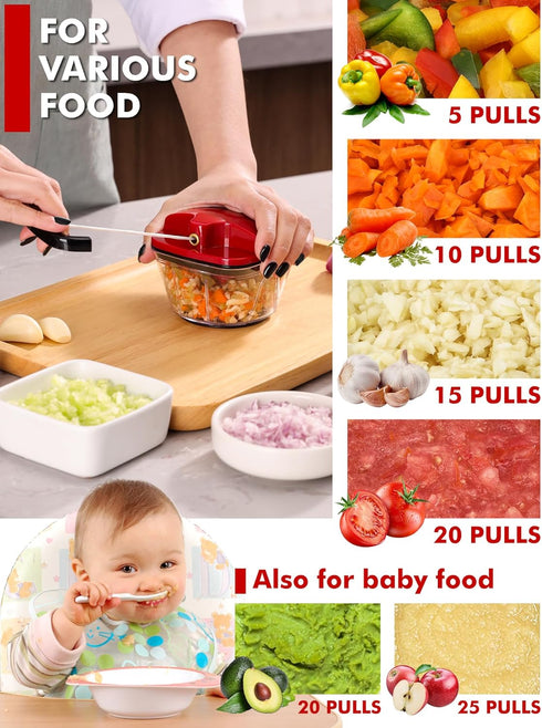Geedel Manual Food Processor Vegetable Chopper, 2 Cup (500ml) Red Pull Chopper for Veggies, Fruits, Salad, Nuts, Herbs
