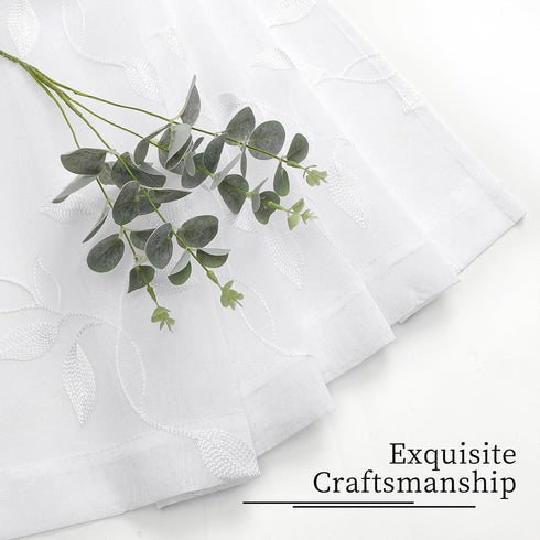 Tollpiz White Leaf Sheer Tier Curtain, 30 x 36 inches, Set of 2 Panels, Embroidered Voile Kitchen Bathroom Treatment