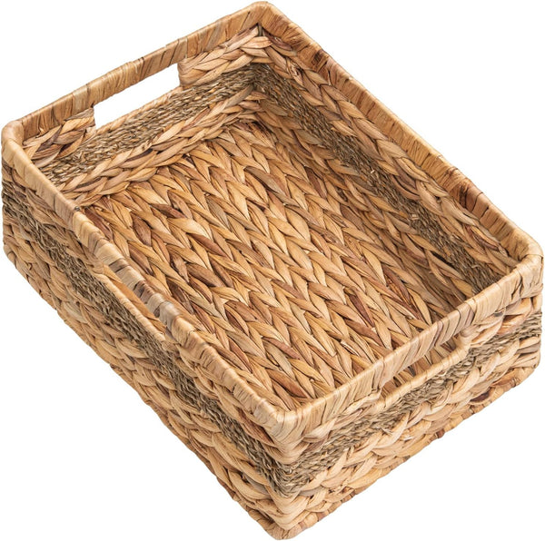 StorageWorks Large Rectangular Wicker Basket - Water Hyacinth and Seagrass Storage Basket with Built-in Handles, 1 Pack