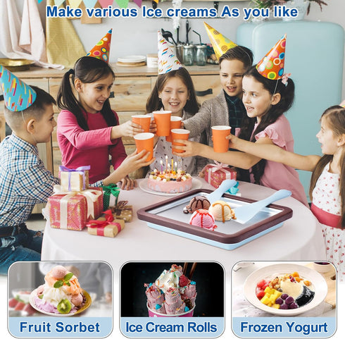 Ice Cream Roll Maker Plate with 2 Spatulas, Instant Rolled Ice Cream Machines for DIY Ice Cream, Color: Brown and Blue,