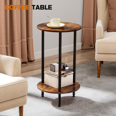 2-Tier Small Round Side Table, Brown Round End Table with Storage, Modern Accent/Bedside Table for Living Room