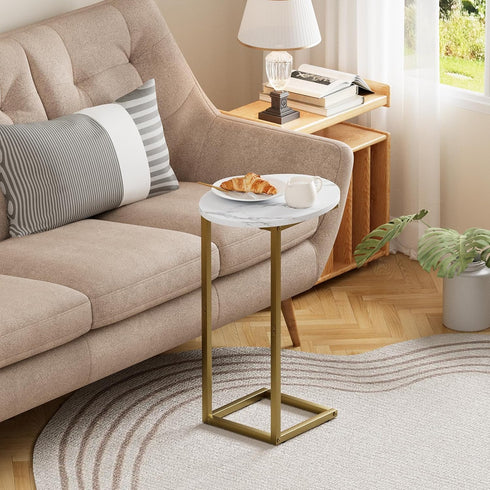 Katrawu C Shaped End Table, Oval Couch Side Tables for Living Room, Sofa End Table with Metal Frame, Small Wooden Snack