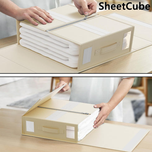SheetCube 6 Pack Bed Sheet Organizers and Storage, Foldable Linen Closet Organizer with Window and Label, Beige