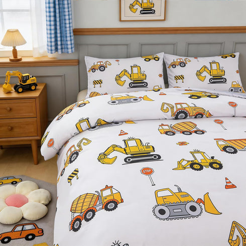 Sets Sets 3 Set ZRNBAST Construction Queen Bedding for Boys Kids Beige Cartoon Cars Excavator Tractor Comforter Pcs