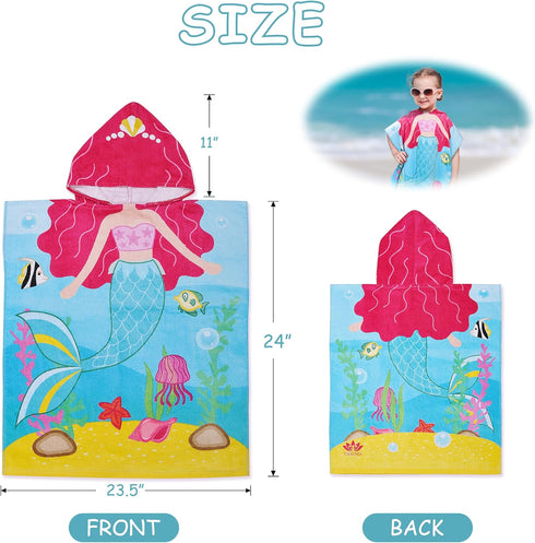 Catalonia Mermaid Hooded Bath Towel for Girl 2-6 Years Old, 100% Cotton Swim Poncho Towel, Sand Proof Beach Pool Towel