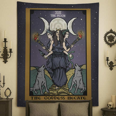 The Goddess Hecate Tarot Card Tapestry - Triple Moon Goddess of Witchcraft Hekate Wheel Wall Hanging (60" x 50")