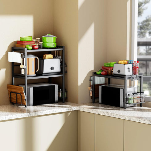 Microwave Oven Rack: Expandable Stand for Kitchen Utensils Tableware Storage with 6 Hooks