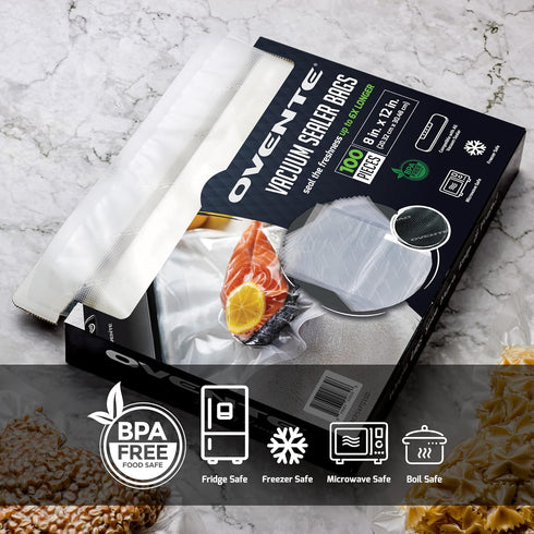 OVENTE Pre-Cut 100 pcs Vacuum Sealer Bags 8” x 12” - Heavy Duty, BPA-Free for Airtight Food Storage, Meal Prep, Sous