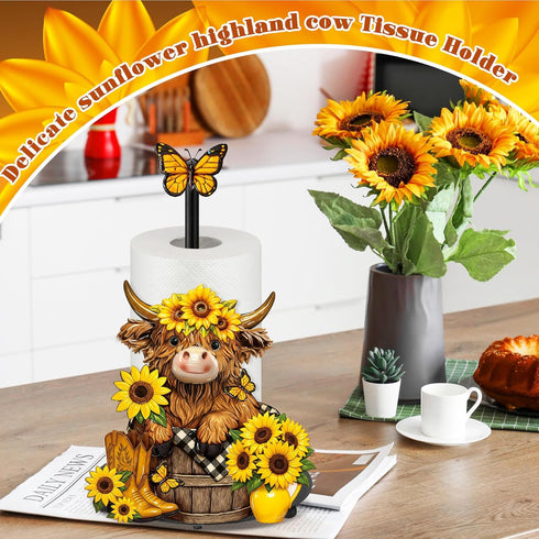 Summer Countertop Sunflower Highland Cow Paper Towel Holder Sunflower Floral Cattle Kitchen Bathroom Decor Farmhouse