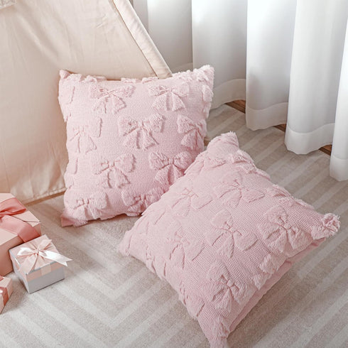 Set 2 Summer (18 18 Inch) Mixweer Pink Bow Pillow Covers of Preppy Room Decor Coquette Cute Spring Decorative Faux Fur
