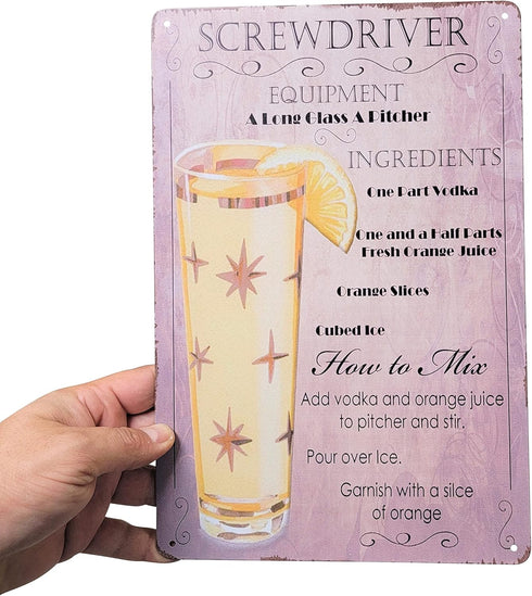 8" x 12" Popular Cocktails and Drink Mix Recipes Menu on Metal Tin Sign Wall Decor Plaque Poster (SCREWDRIVER)