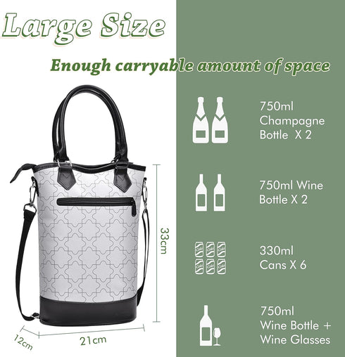 Tirrinia Insulated Wine Carrier Tote - Padded Travel Bag for 2 Bottles, Champagne Cooler, Valentine's Day Gift