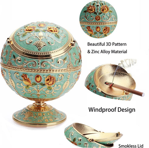K COOL Windproof Ashtray with Lid - Metal Portable Cigarettes Ashtray for Outdoors Indoors - Hand Stamped Pattern (Jade