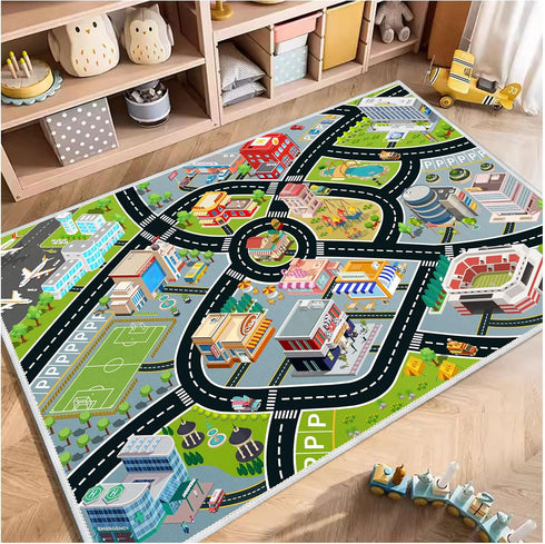 Kids Car Rug, Carpet Playmat for Toy Cars and Train, Road Traffic Play Mat with Non-Slip Backing, Ideal Gift for
