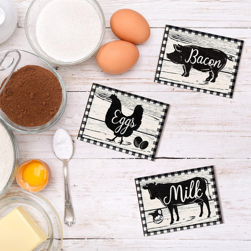 Jetec 3 Pieces Farmhouse Kitchen Decor, Wooden Pig Cow Chicken Signs, Rustic Buffalo Plaid Wall Art for Home Decorations