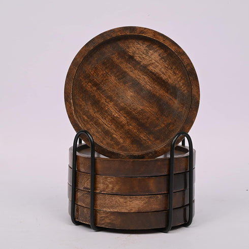 Mango Wood Coasters for Drinks with Iron Holder Stand, Set of 5 for Tabletop Protection