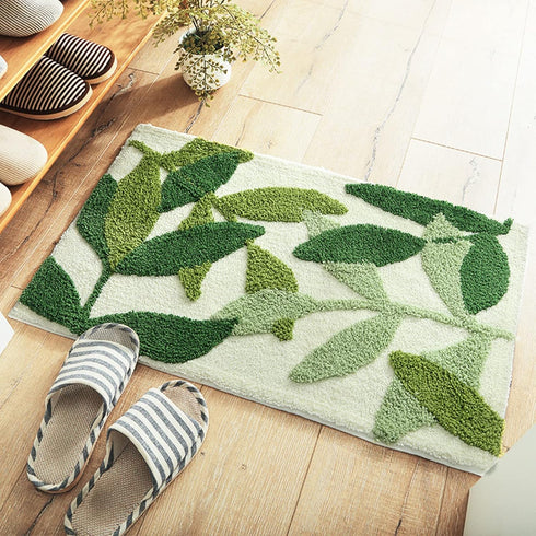Green Leaves Bath Mats - Non-Slip Soft Microfiber Absorbent Doormat, Boho Carpet for Bathroom Floor