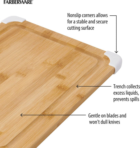 Farberware Nonslip Bamboo Cutting Board, 11x14 Inch with Juice Groove, White
