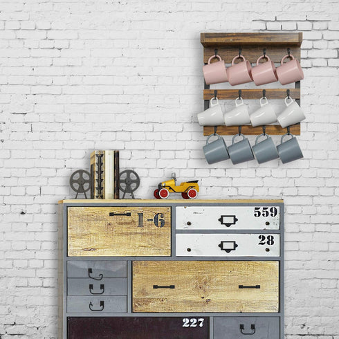 12 OROPY Coffee Mug Rack Wall Mounted, Rustic Wood Cups Rack with Hooks and Storage Shelf, for Home Kitchen Display