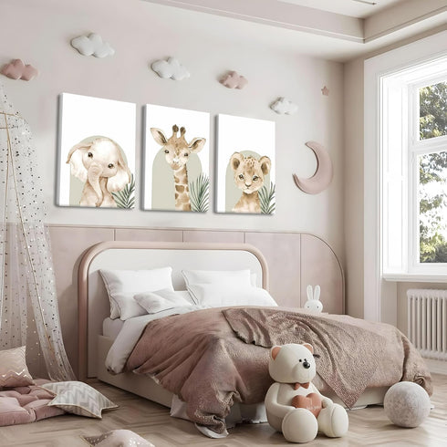 Set 3, 12x16 inch Nursery Wall Decor of Cute Animal Lion Elephant Baby Pictures Poster Prints, Giraffe Jungle Canvas
