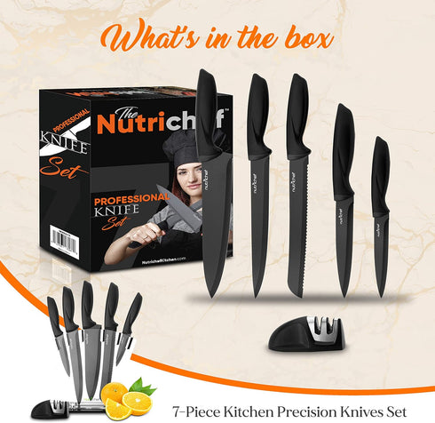 NutriChef 7 Piece Kitchen Knife Set, Stainless Steel Precision Knives with 5 Knives & Bonus Sharpener, Acrylic Block