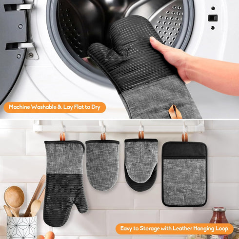 Kitchen Oven Mitts Set of 4, Non-Slip Cotton, Heat Resistant & Machine-Washable, Includes Long Mit, Mini Mitts & Pot