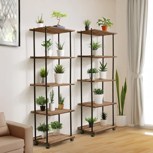 5 GETALL Tier Bookshelf with Wheels, Tall Bookcase for Small Spaces, Solid Wood Narrow Shelf, Corner Book Shelf Storage