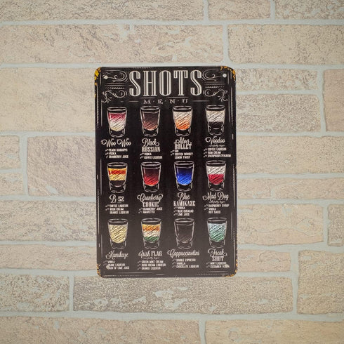 TG,LLC Treasure Gurus 8x12 Metal Retro Classic Alcohol Liquor Shots Menu Wall Sign, Home Bar Decor