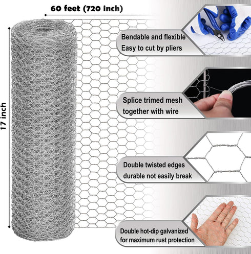 17 Inch 60 0.6 Inch Chicken Wire Fencing Mesh, x Feet Metal Floral Chicken Wire Fence for Crafts Poultry Garden