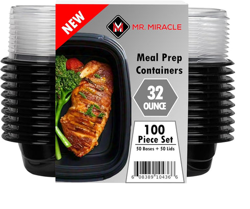 Mr Miracle 50 Pack Meal Prep Containers with Lids, 32 Oz Leakproof Take Out Containers, Microwave & Freezer Safe for
