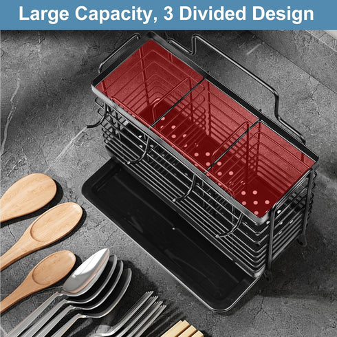 Utensil Holder, 3 Compartments Stainless Steel Utensil Drying Rack, Dish Drainer for Kitchen Counter, Silverware