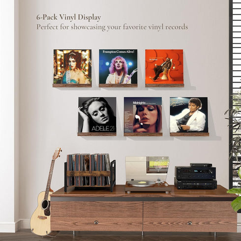 12 inch Album Pack 6 Vinyl Record Shelf Wall Mount, Wooden Record Holder Display, of Floating Shelves for Wall