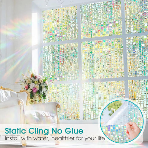 Windimiley Rainbow Window Film Privacy, 3D Stained Glass Clings, Decorative Prism Holographic Static Decals, 17.5x78.7In