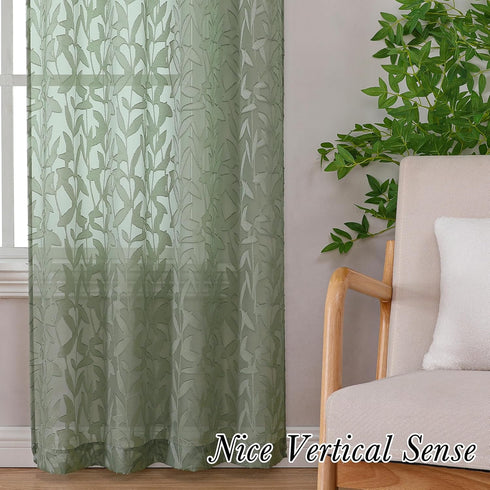 Leia 72 Inch Sheer Curtains Sage Green Panels Set of 2, Double Rod Pocket Window Living Room Curtain with Leaves, Light