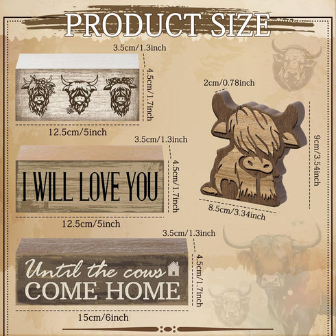 Moucuny 4 Pcs Highland Cow Table Decorations Rustic Western Tiered Tray Decor Decorative Highland Cow Block Signs