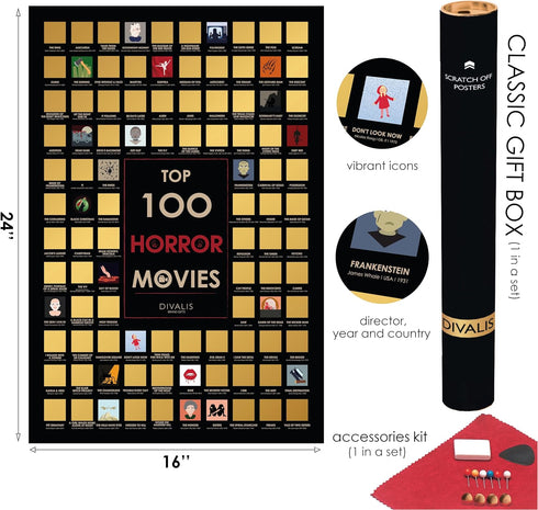 3 in 1 Gift Set - Top 100 Scratch Off Movies, Horrors, Comedy Posters Bundle - Essential Cinema Checklist