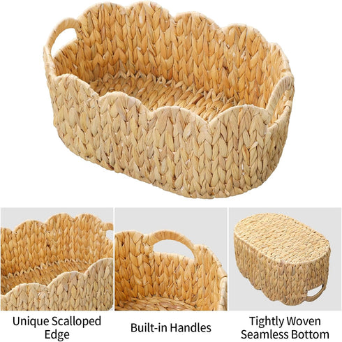 Set 2,Water Coeusy Scalloped Basket of Hyacinth Basket for Organizing and Decor,Hand-Woven Wicker Storage Baskets