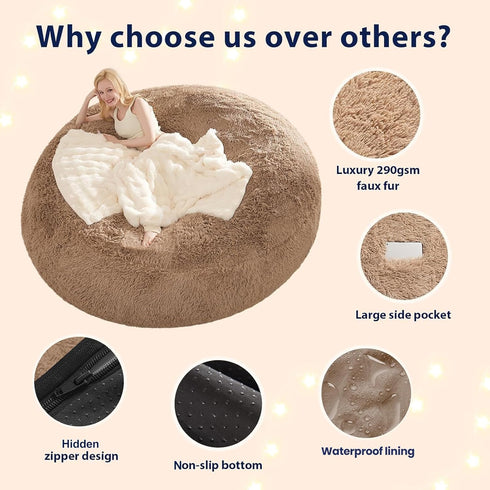 5FT, Fluffy Bean Bag for Stuffed Animals Storage, Faux Fur Washable Bean Bag Chair Cover(No Filler) for Textile Plush
