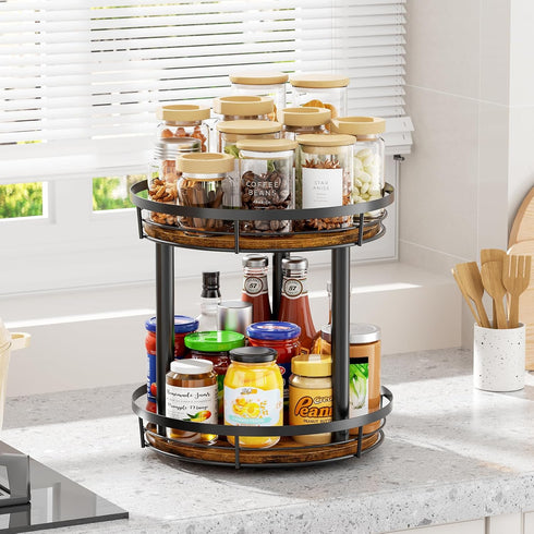 12'' 2 Countertop, LAMU Wood Lazy Susan Spice Rack Organizer, Tier Spice Organization for Cabinet, Kitchen, Table Top