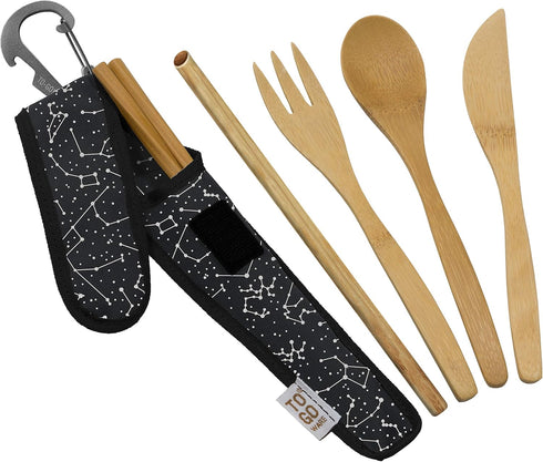 Premium Reusable Bamboo Utensil Travel Set, Includes Fork, Knife, Spoon, Chopsticks & Carabiner Clip, Eco-Conscious