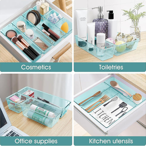 WOWBOX 13 PCS Plastic Drawer Organizer Set, 5 Sizes for Makeup, Jewelry, Gadgets, Kitchen, Bedroom, Office