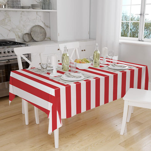 Peony Man 2 Pieces Red and White Striped Tablecloth - Plastic Waterproof Table Cover for Holiday Party Decoration