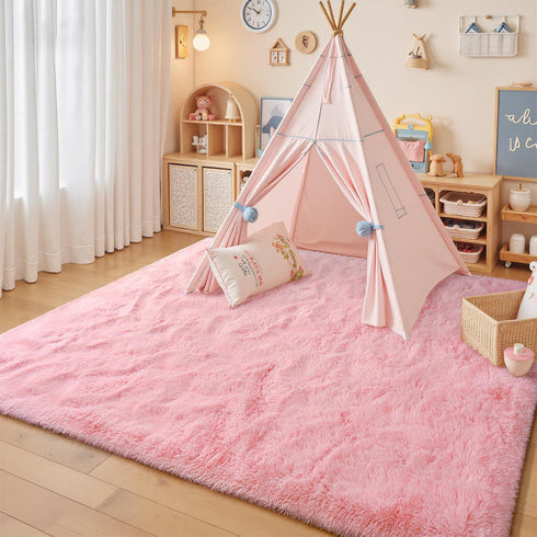 6x9 junovo Pink Washable Area Rug for Girls Bedroom Living Room, Soft Non-Slip Fluffy Rugs, Shag Plush Memory Foam