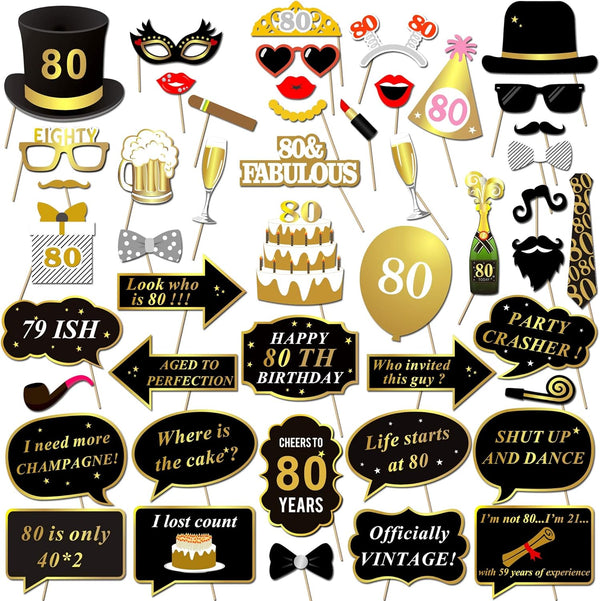 Konsait 80th Birthday Photo Booth Props, 48 Count Funny Party Props Kit for Man Woman 80th Birthday Decorations
