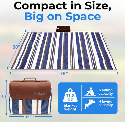 60" 80" scuddles Extra Large Picnic Blanket x Waterproof Outdoor Mat with Soft Dual-Layer Comfort, Foldable Travel Rug