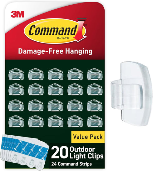Command Outdoor Light Clips, 20 Clear Clips and 24 Command Strips, Damage-Free