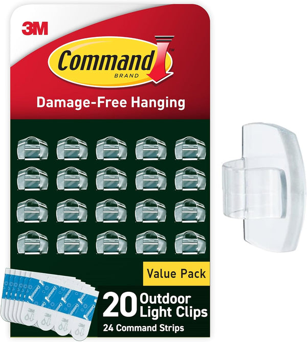 Command Outdoor Light Clips, 20 Clear Clips and 24 Command Strips, Damage-Free