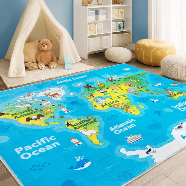Kids Playroom Rug, 5x7ft World Map Play Mat with Cute Animals, Washable