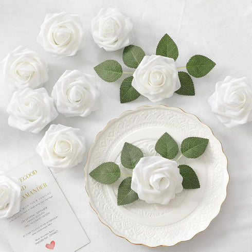 DerBlue 60pcs Artificial Roses Flowers - Real Looking Fake Roses with Stem & 10pcs Green Leaves for DIY Decorations
